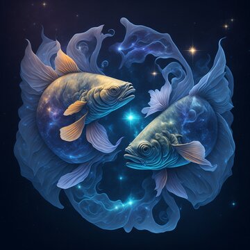 the astrological sign of Pisces with two fish, set against a beautiful space nebula background. astrology, horoscopes, and fortune-telling concepts