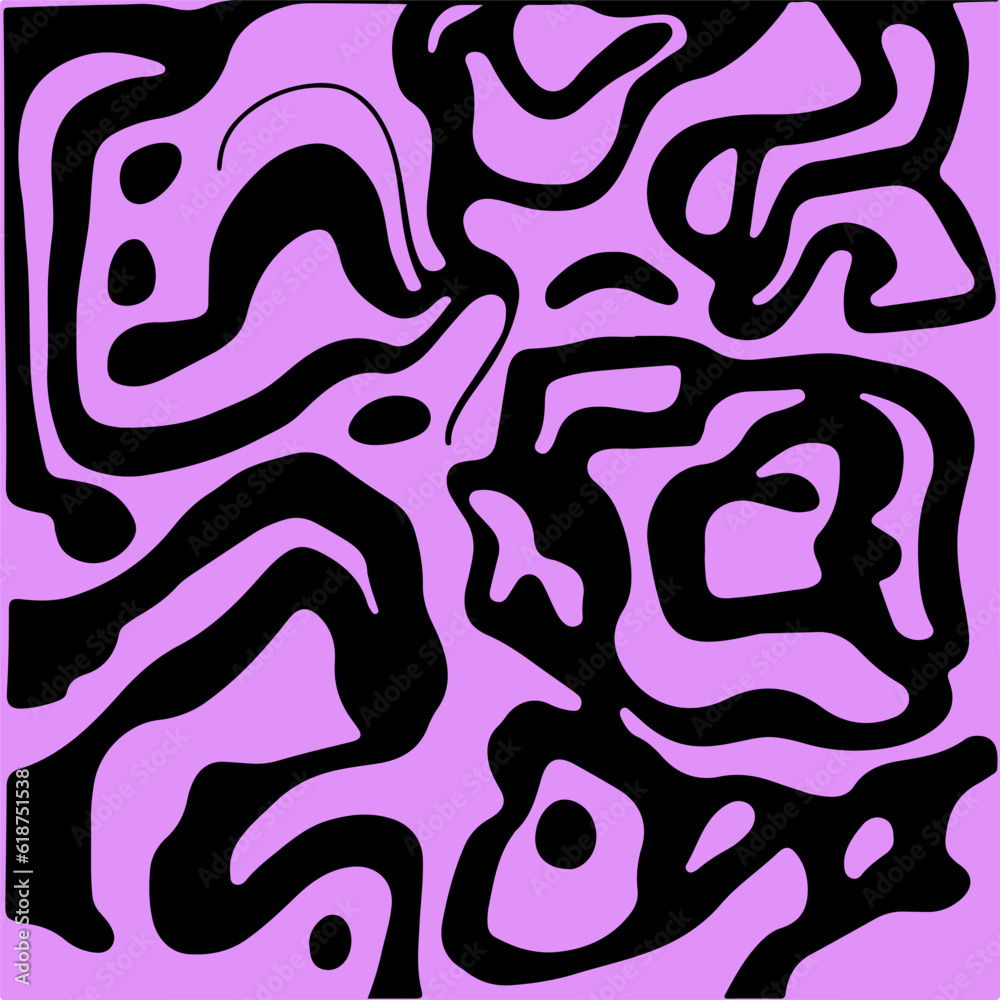 Poster abstract psychedelic black and purple backround with melting geometric shapes and lines in retro hip
