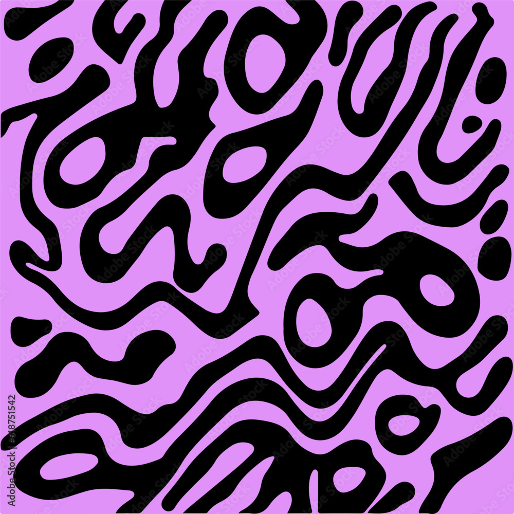 Poster abstract psychedelic black and purple backround with melting geometric shapes and lines in retro hip
