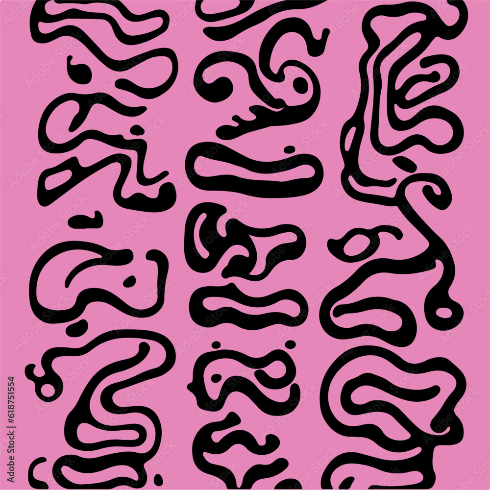 Poster abstract psychedelic black and purple backround with melting geometric shapes and lines in retro hip