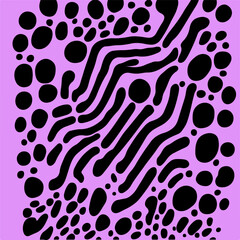Abstract psychedelic black and purple backround with melting geometric shapes and lines in retro hippie style.