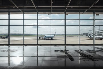 empty airport terminal, with view of the runway and planes taking off and landing, created with generative ai