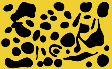 Acid psychedelic black and yellow print with abstract melting blobs in retro hippie style.