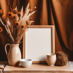 AI generated illustration of a blank photo frame near a vase with flowers and clay objects