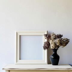 AI generated illustration of a blank photo frame near a vase with flowers