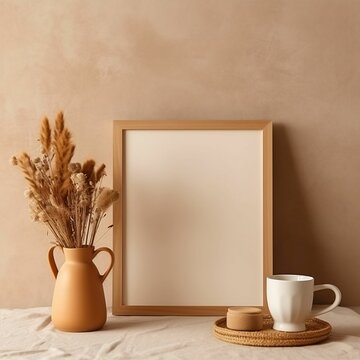 AI generated illustration of a blank photo frame near a vase with flowers and clay objects © Roon Z/Wirestock Creators