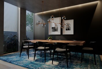 Modern dining room interior design contemporary, with natural tones on the room, walls, floor and ceiling. 3d rendering illustration