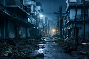 日本風の怖い廃墟の街並み（AI生成）