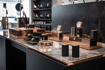 Fototapeta na wymiar luxe accessories stand in sleek and modern store, with minimalist design, created with generative ai