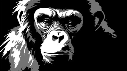 Chimpanzee head. Black and white illustration.