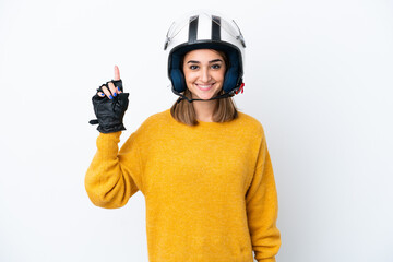 Young caucasian woman with a motorcycle helmet isolated on white background pointing up a great idea