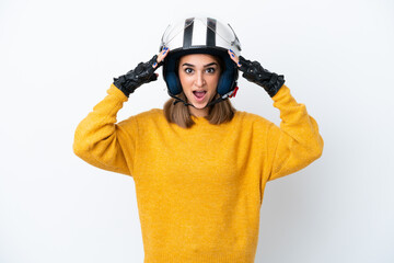 Young caucasian woman with a motorcycle helmet isolated on white background with surprise expression