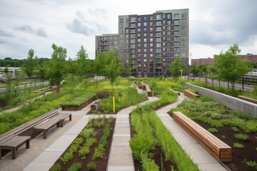 Naklejka premium green rooftop garden, with pathways and benches, providing tranquil setting, created with generative ai