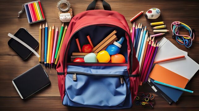 An overhead view of a backpack filled with school supplies on a wooden table. Generative AI.