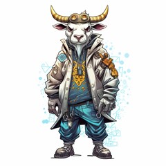 AI generated illustration of a fun cartoon bovine character wearing a white jacket and boots