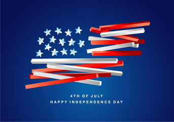 4th of July Happy USA Independence day with beautiful modern abstract 3d USA flag on blue background. USA flag illustrated with 3d objects.