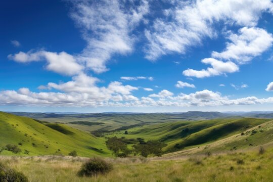 panoramic view of rolling hills with a blue sky, dotted with fluffy clouds, created with generative ai