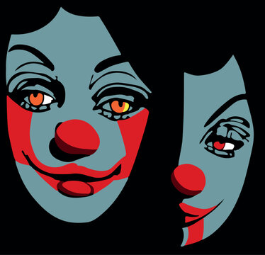 Vector of two sad clown faces in a dark background