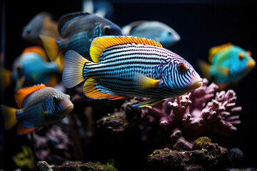 A close-up shot of a vibrant coral reef with an abundance of colorful fish, highlighting the intricate patterns and textures of both the coral and the marine life