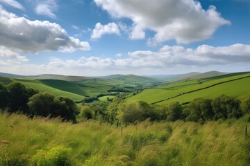 Obraz premium rolling countryside hills, with clouds and blue sky in the background, created with generative ai