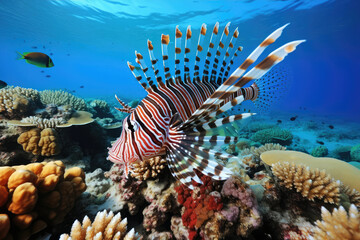 Naklejka na ściany i meble A mesmerizing image of a lionfish hovering near a magnificent coral reef, its vibrant stripes and graceful fins adding to the allure and beauty of the underwater scene