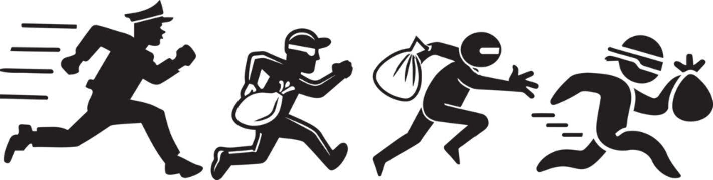 Vector illustration of a policeman chasing thieves with stolen bags.