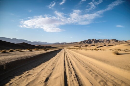 scenic road trip through the desert, with endless views of sand dunes and open skies, created with generative ai