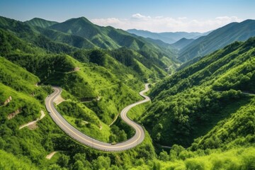 scenic road trip through the mountains, with winding roads and lush greenery, created with generative ai