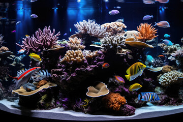 A panoramic view of a coral reef ecosystem, showcasing a rich tapestry of colorful fish, swaying coral, and underwater flora, presenting the biodiversity and wonder of the underwater world