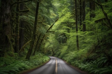scenic road trip through a dense forest, with trees towering over the road, created with generative ai