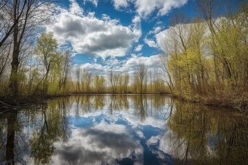 Obraz premium reflections of trees, sky, and clouds in still lake, created with generative ai