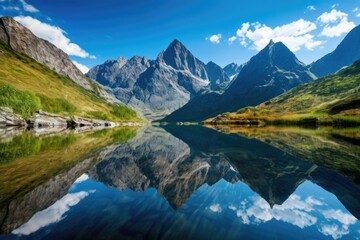 Fototapeta na wymiar reflection of towering mountains and blue skies on serene lake, created with generative ai