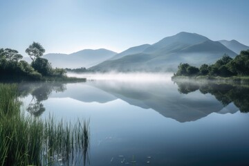 Fototapeta premium serene lake with reflection of misty mountains on the horizon, created with generative ai