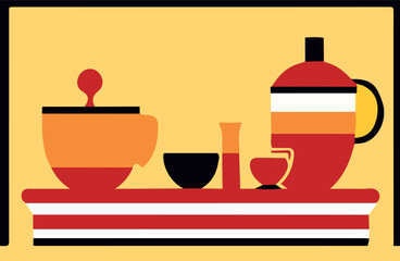 Vector of a kitchen shelf with a range of ceramic kitchenware