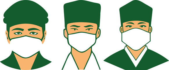 Vector of Asian doctors wearing green uniforms and masks
