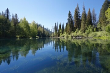 serene lake with reflections of trees and clear blue skies, created with generative ai