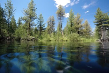 Fototapeta na wymiar water surface reflecting towering pine trees and blue skies, created with generative ai