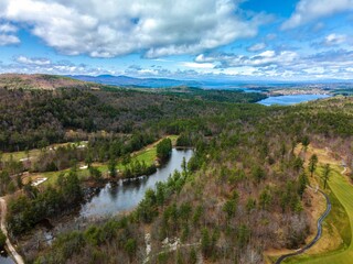 Aerial shot over a Golf Course in the Mountains of New Hampshire.