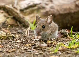 Tiny mouse foraging in the woodland