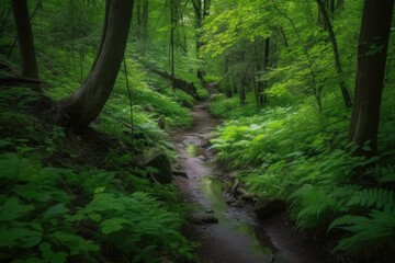 Fototapeta premium peaceful forest trail with lush greenery and trickling stream, created with generative ai