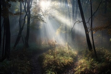forest with misty morning fog and sunlight filtering through the trees, created with generative ai