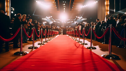 red carpet in a night with photographers between it. spotlights and rope. Generative AI © Lucianastudio