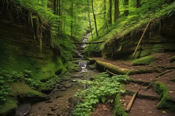 forest trail with stream and waterfalls surrounded by greenery, created with generative ai