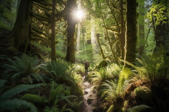 hiker, wandering through lush forest, with the sun shining through the trees, created with generative ai