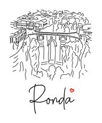 Vector illustration of the hand-drawn cityscape of Ronda on a white background