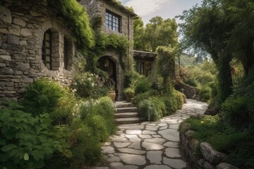 Fototapeta na wymiar a stone villa with a winding path and lush greenery, created with generative ai