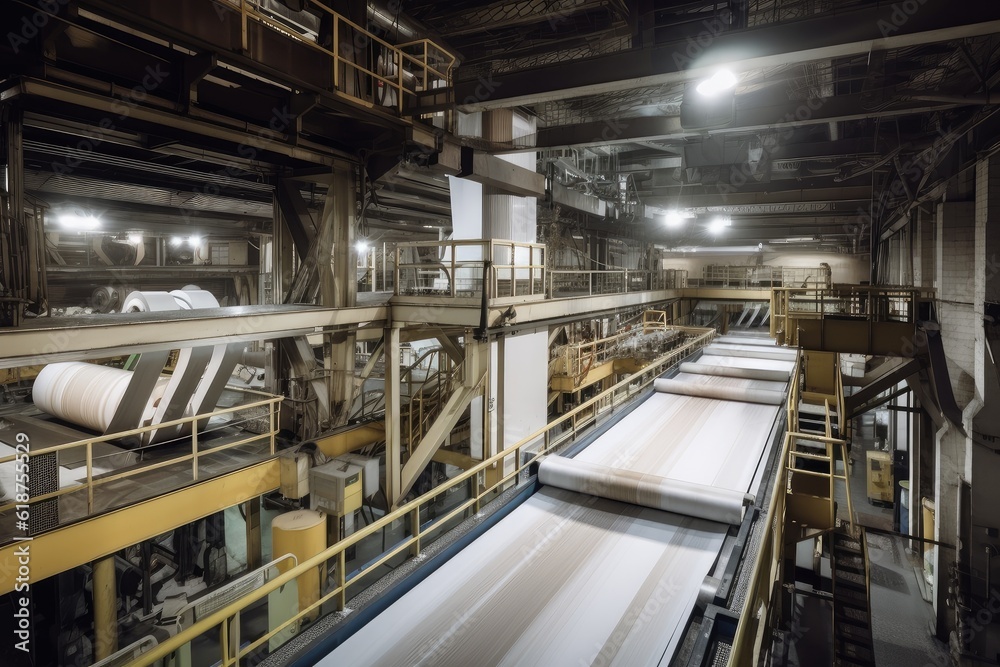 Canvas Prints paper mill, with towering papermaking machines and conveyor belts in motion, created with generative ai