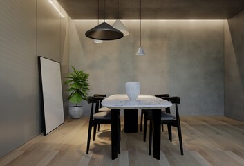 Modern dining room interior design contemporary, with natural tones on the room, walls, floor and ceiling. 3d rendering illustration