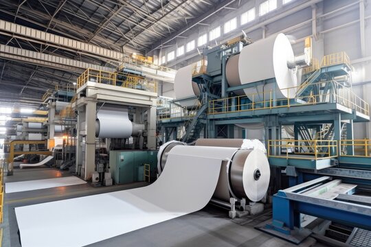 modern paper mill with huge machines and conveyor belts, producing high-quality paper, created with generative ai