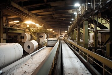 massive pulp and paper mill, with conveyor belts carrying massive rolls of recycled paper, created with generative ai
